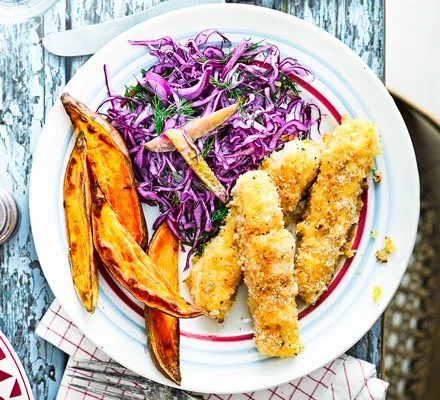 Crispy cod fingers with wedges & dill slaw header image
